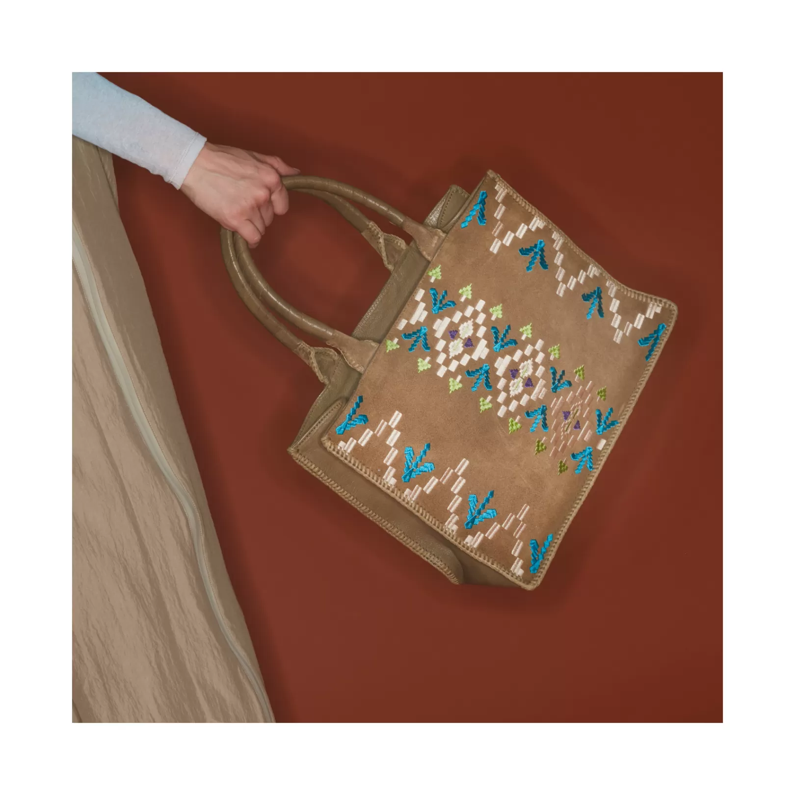 Claris Virot Bags-Archi Bag Olive Leather Suede Embroidered