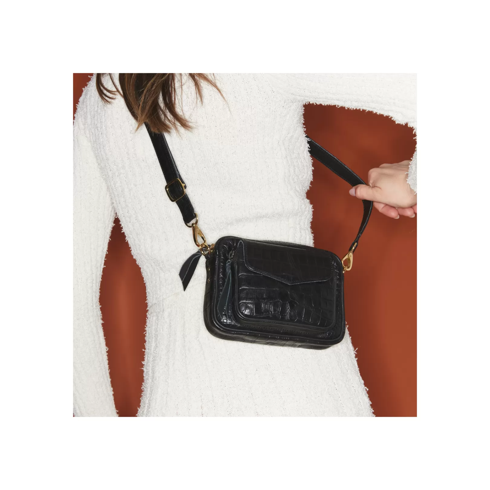 Claris Virot Bags-Baby Charly Bag Black Embossed Croco Leather