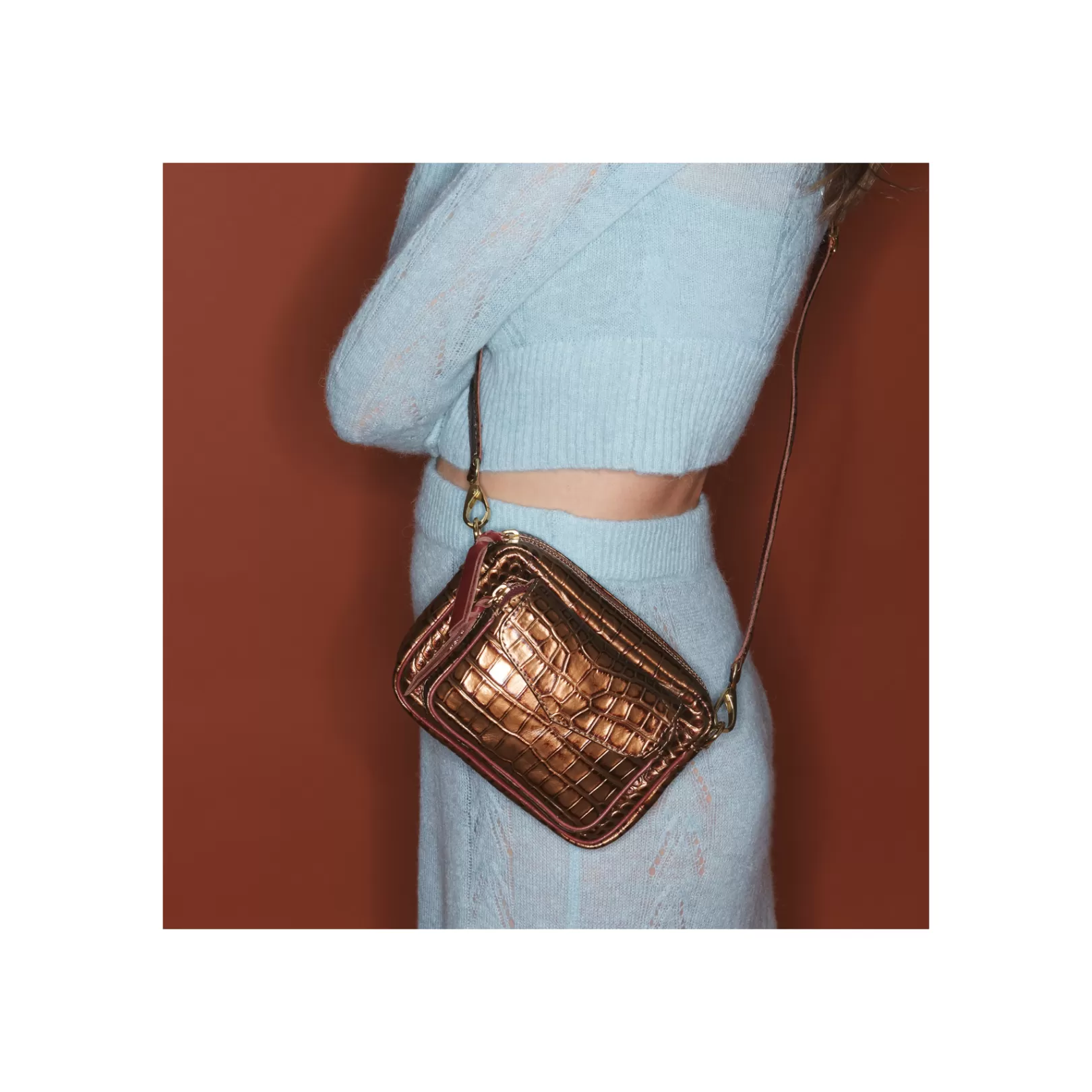 Claris Virot Bags-Baby Charly Bag Metallic Bark Embossed Croco Leather