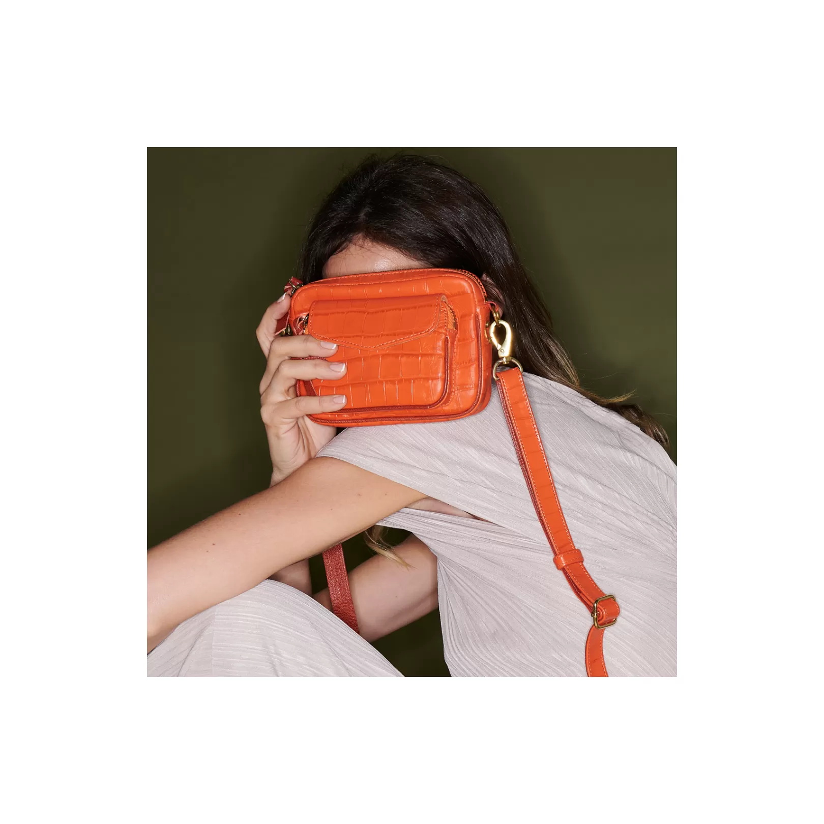 Claris Virot Bags-Baby Charly Bag Orange Koi Embossed Croco Leather