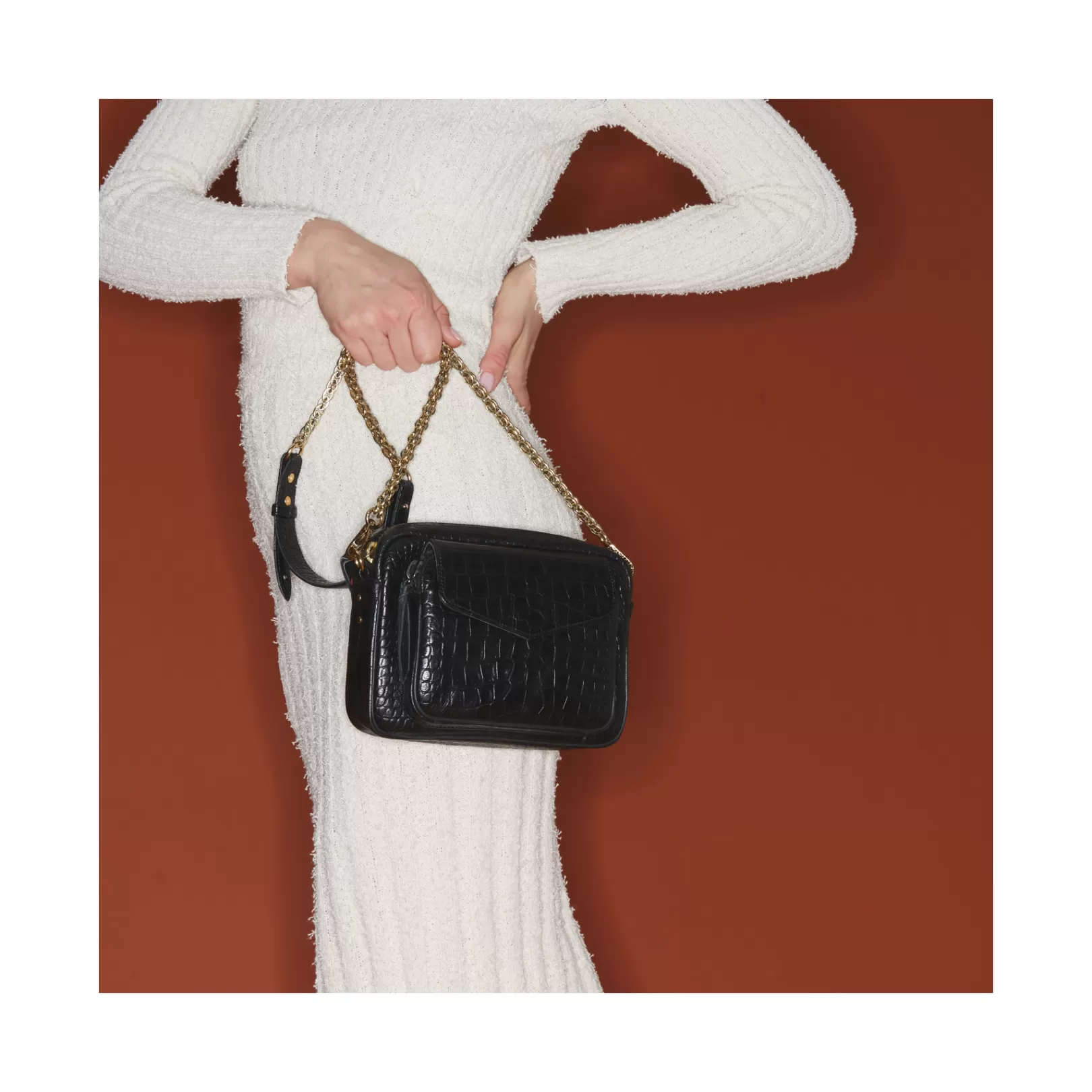 Claris Virot Bags-Big Charly Bag Black Embossed Croco Leather