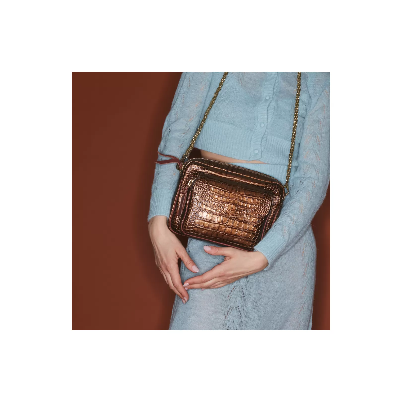 Claris Virot Bags-Big Charly Bag Metallic Bark Embossed Croco Leather