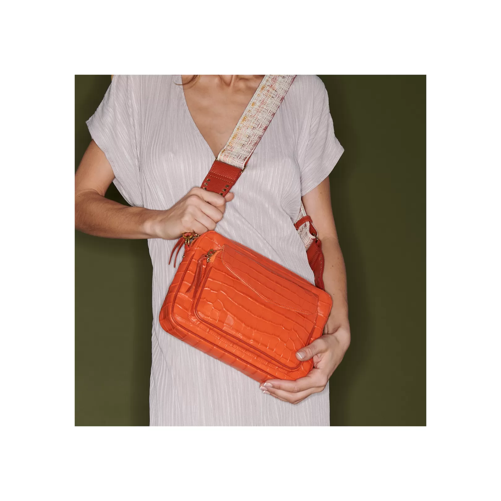 Claris Virot Bags-Big Charly Bag Orange Koi Embossed Croco Leather