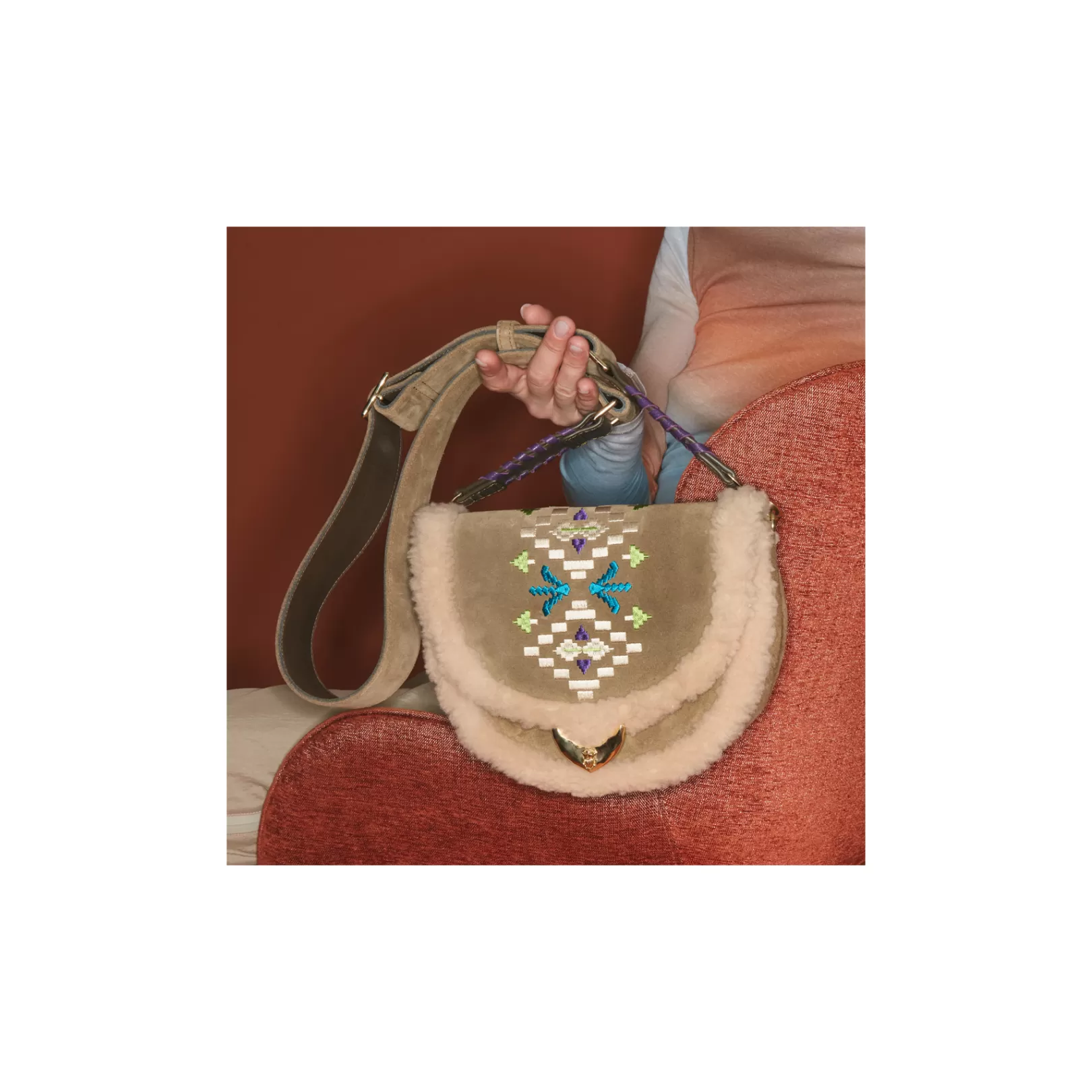 Claris Virot Bags-Big Victoria Bag Olive Suede Embroidered And Cream Shearling