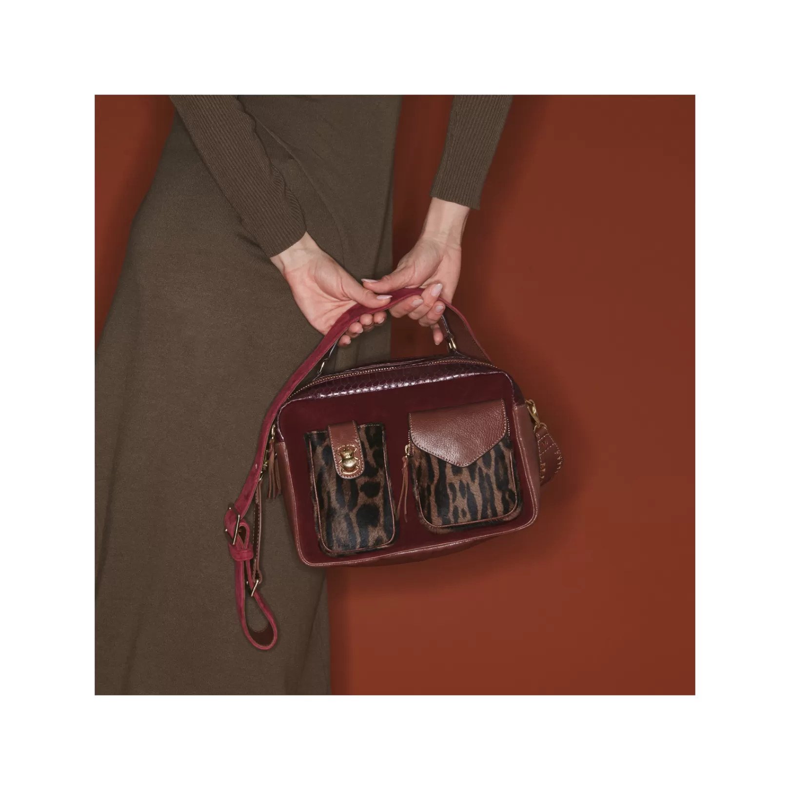 Claris Virot Bags-Cesar Bag Ocelot And Burgundy Leathers