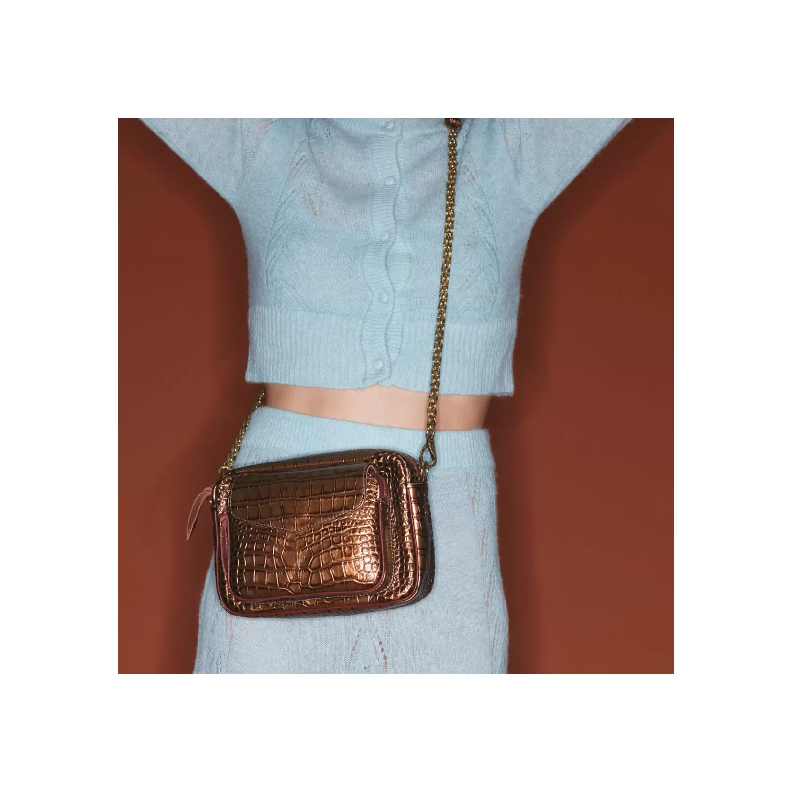 Claris Virot Bags-Charly Bag Metallic Bark Embossed Croco Leather