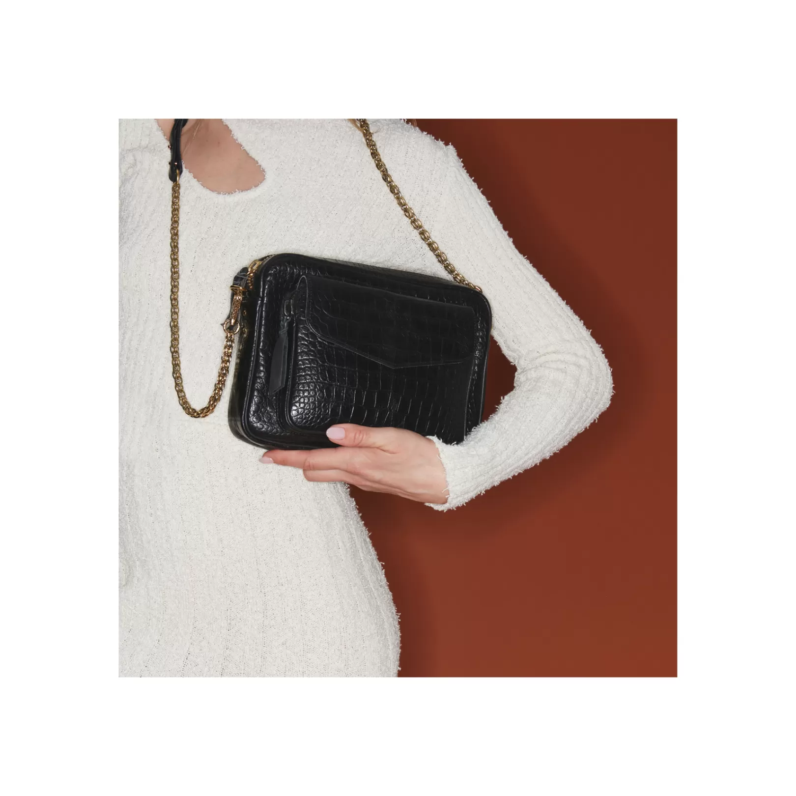 Claris Virot Bags-Charly Bag Black Embossed Croco Leather