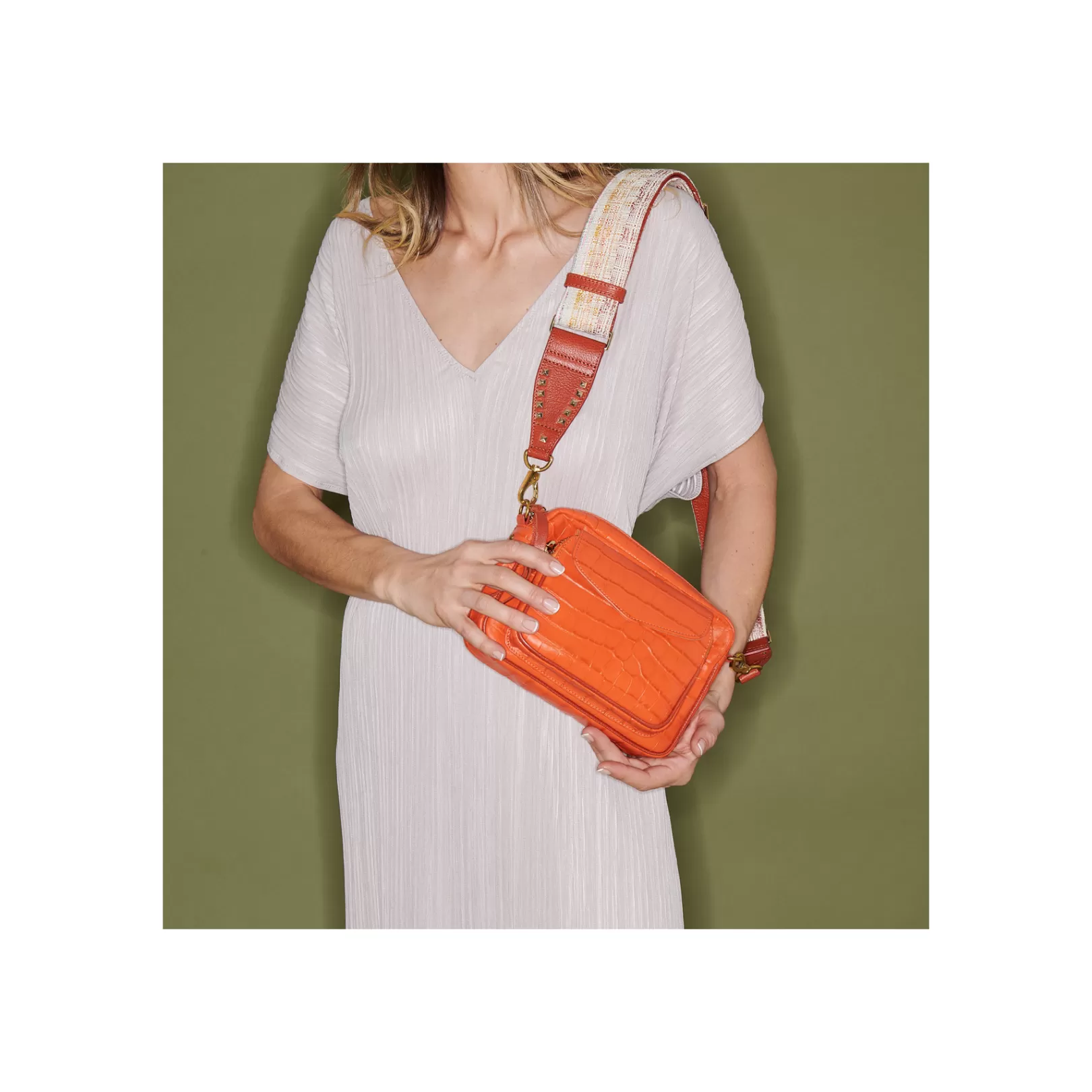 Claris Virot Bags-Charly Bag Orange Koi Embossed Croco Leather