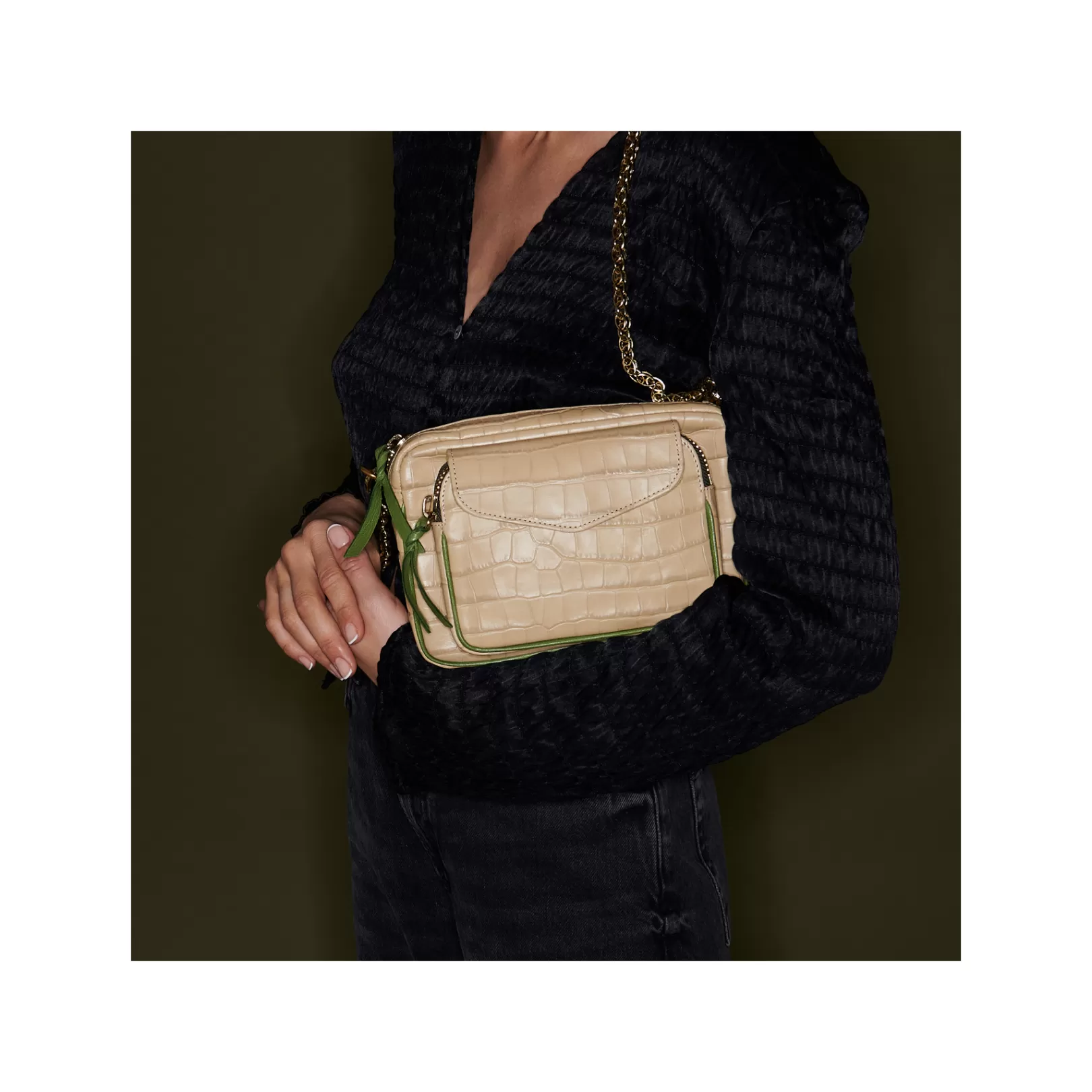 Claris Virot Bags-Charly Bag Sesame Beige Embossed Croco