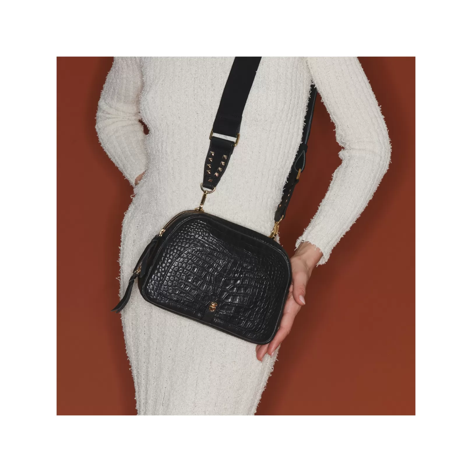 Claris Virot Bags-Clara Bag Black Embossed Croco Leather