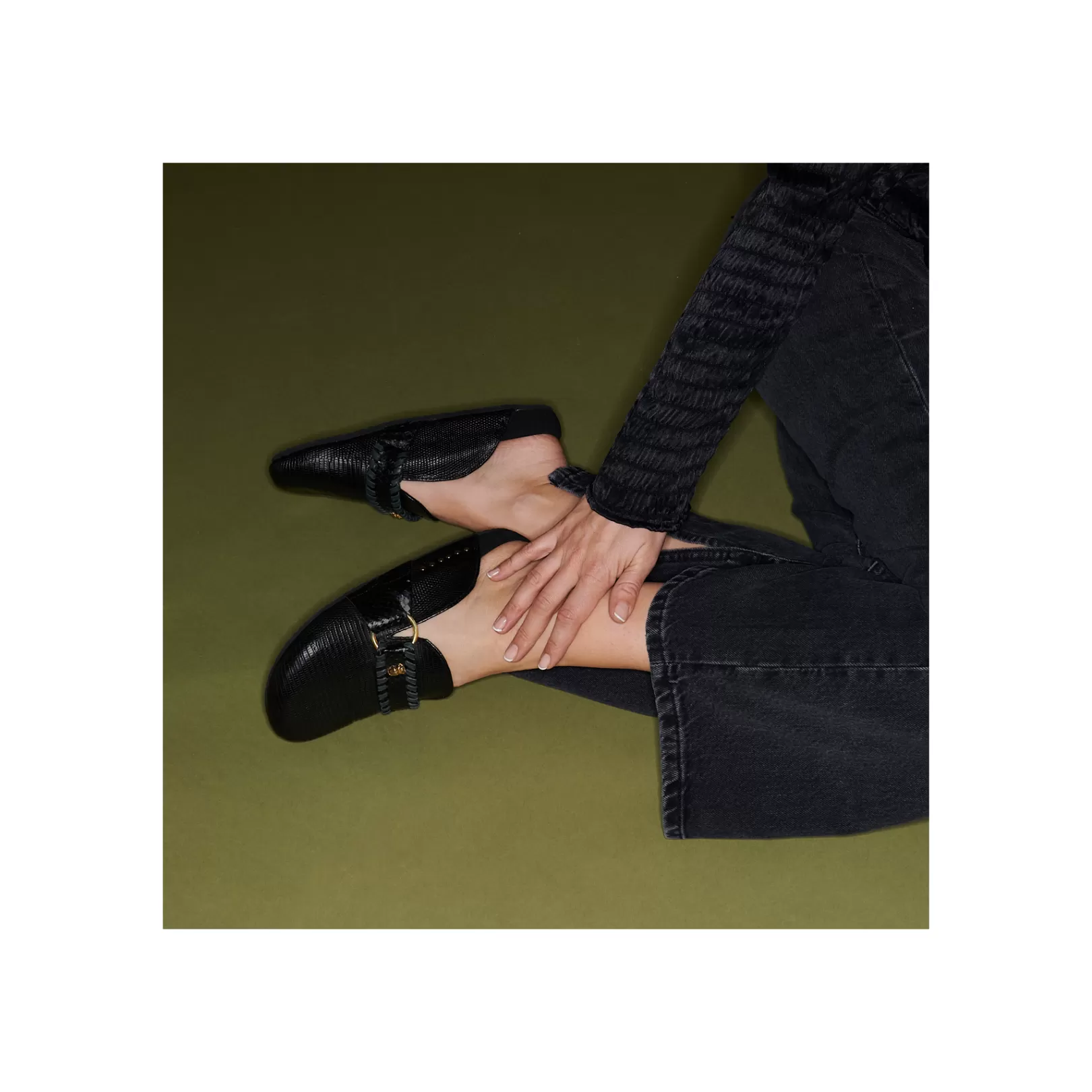 Claris Virot Mules-Georgette Mules Black Lizard Golden Hardware