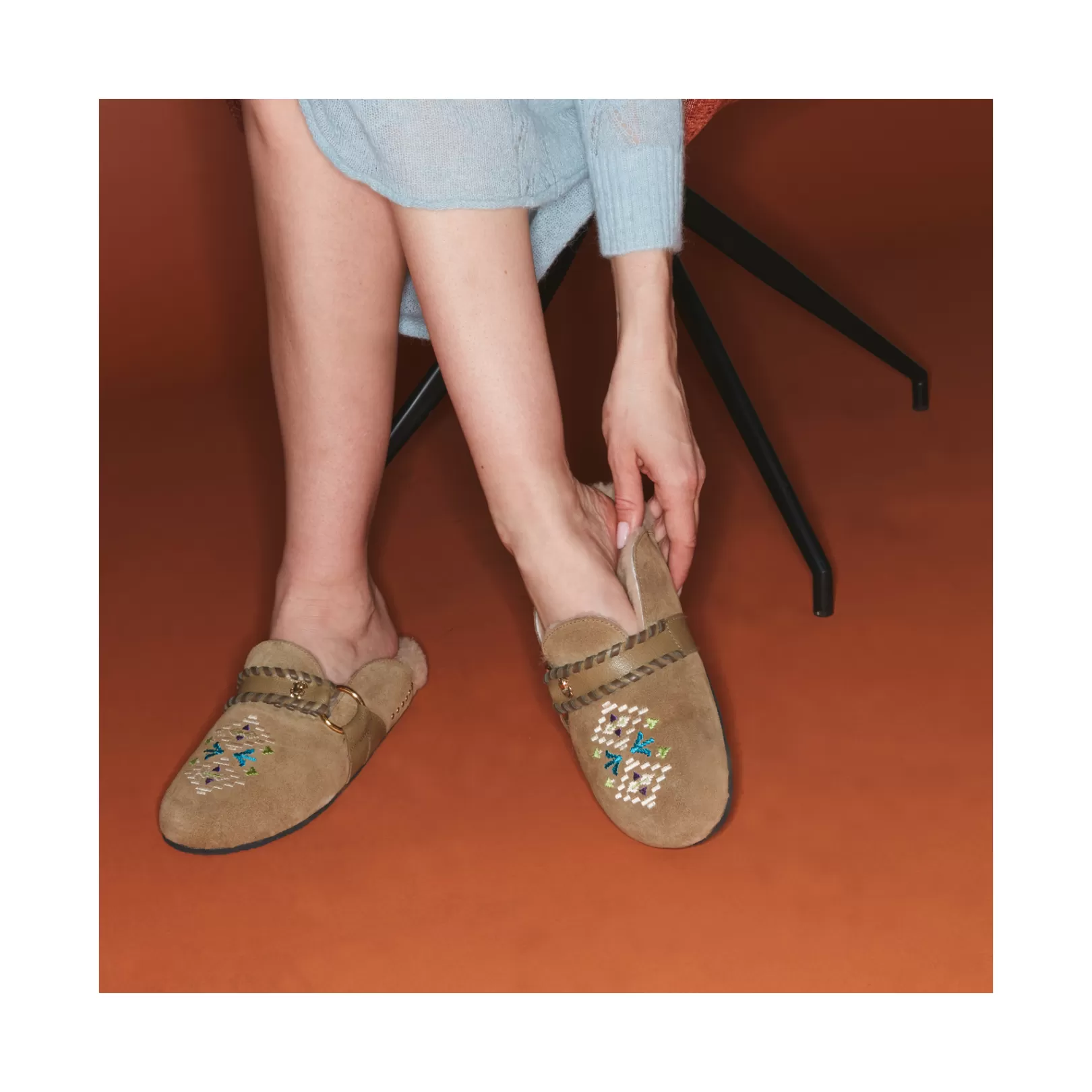 Claris Virot Mules-Georgette Mules Olive Leather Embroidered And Cream Shearling