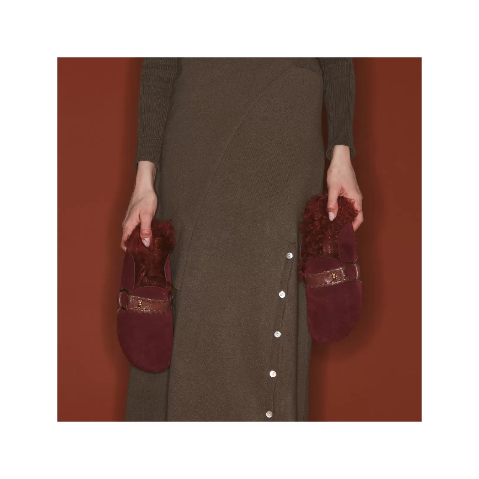 Claris Virot Mules-Georgette Mules Hot Wine Leather And Brick Shearling