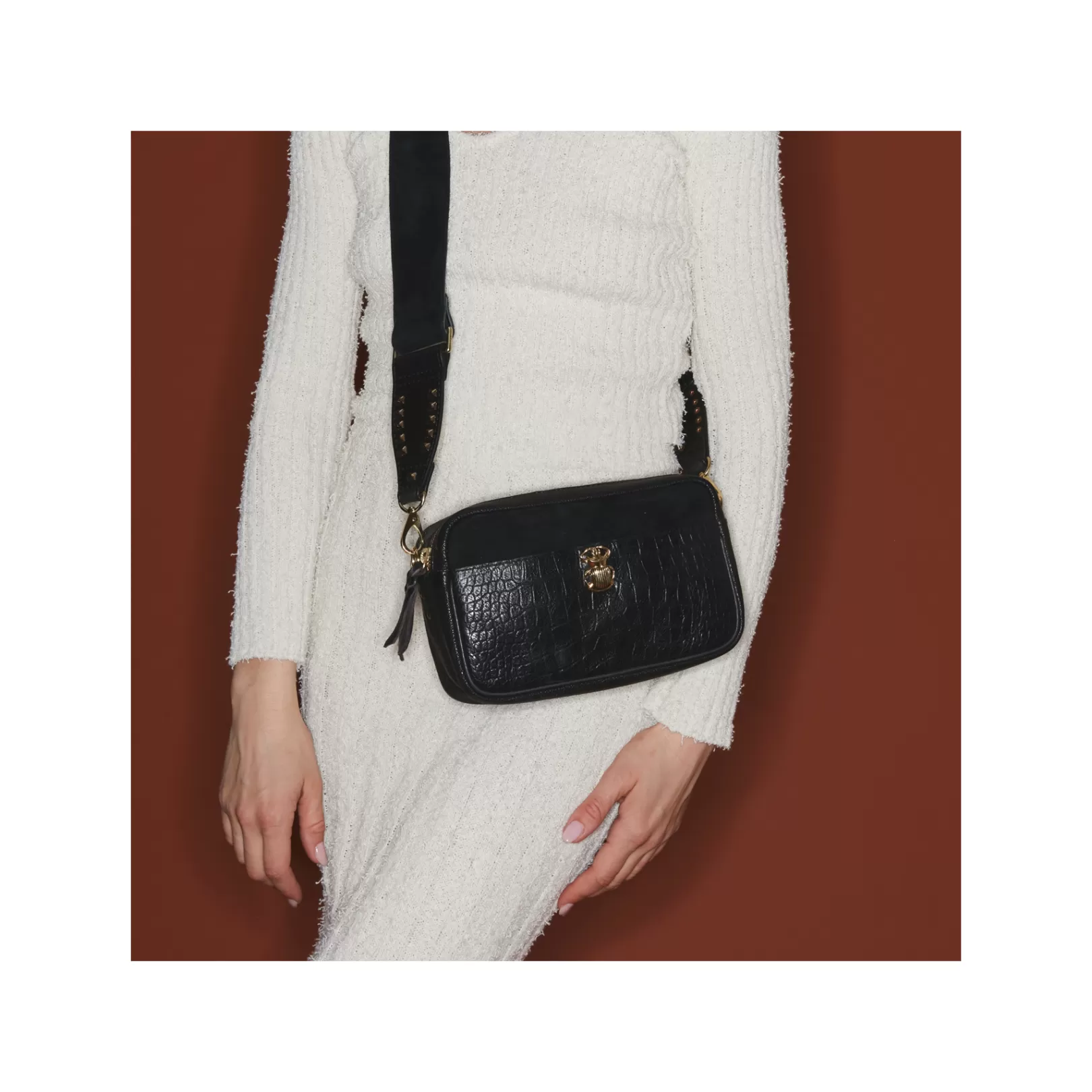 Claris Virot Bags-Lily Bag Black Embossed Croco Leather