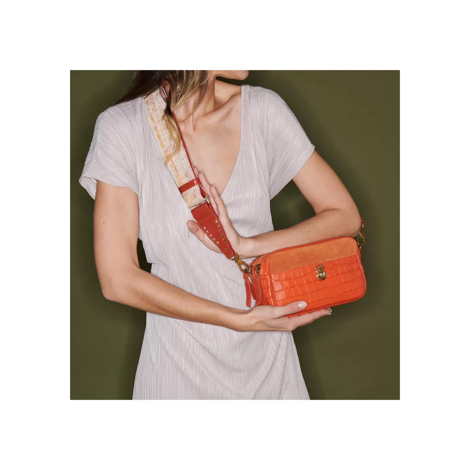 Claris Virot Bags-Lily Bag Orange Koi Embossed Croco Leather