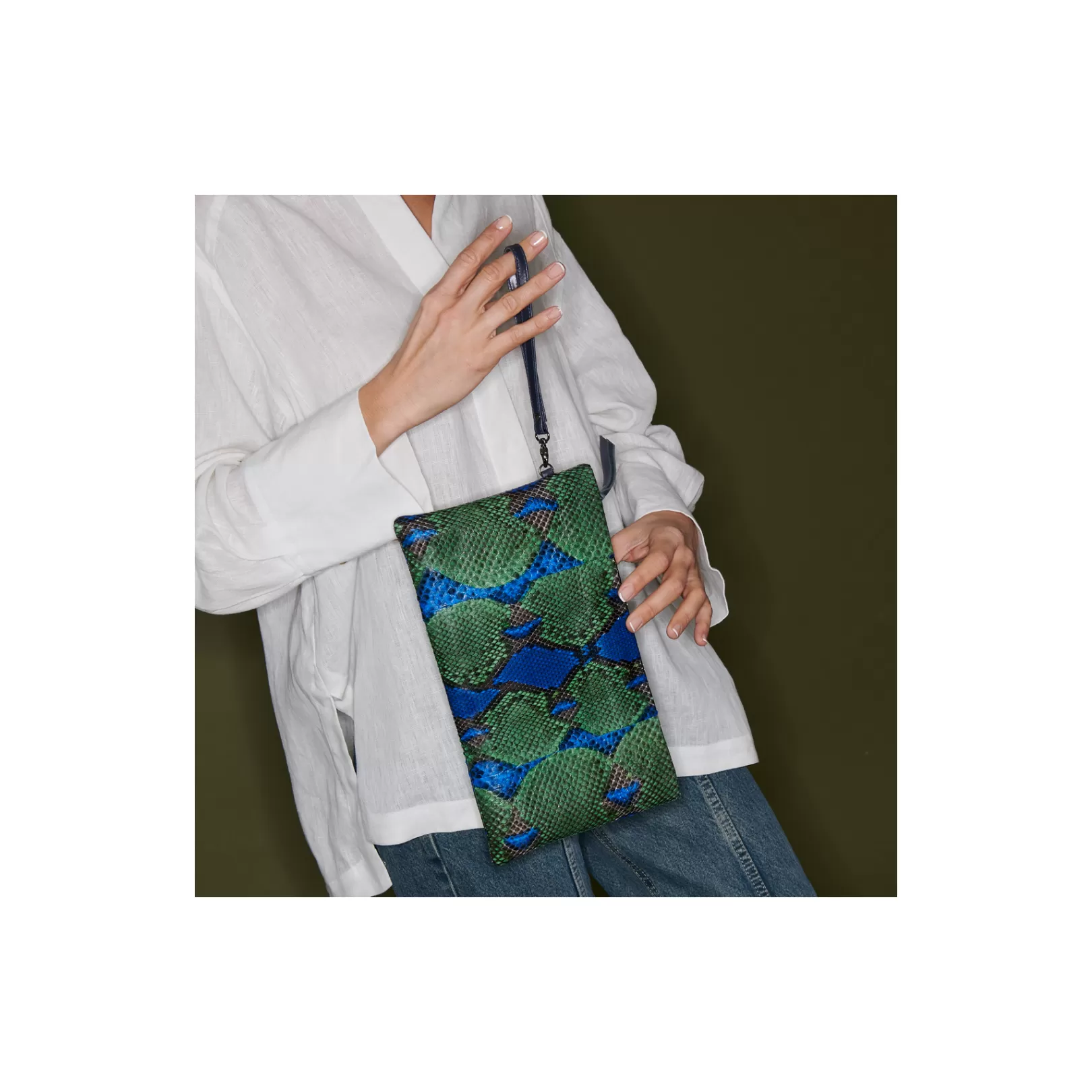 Claris Virot Bags-Lou Clutch Green Blue Water Lily Python