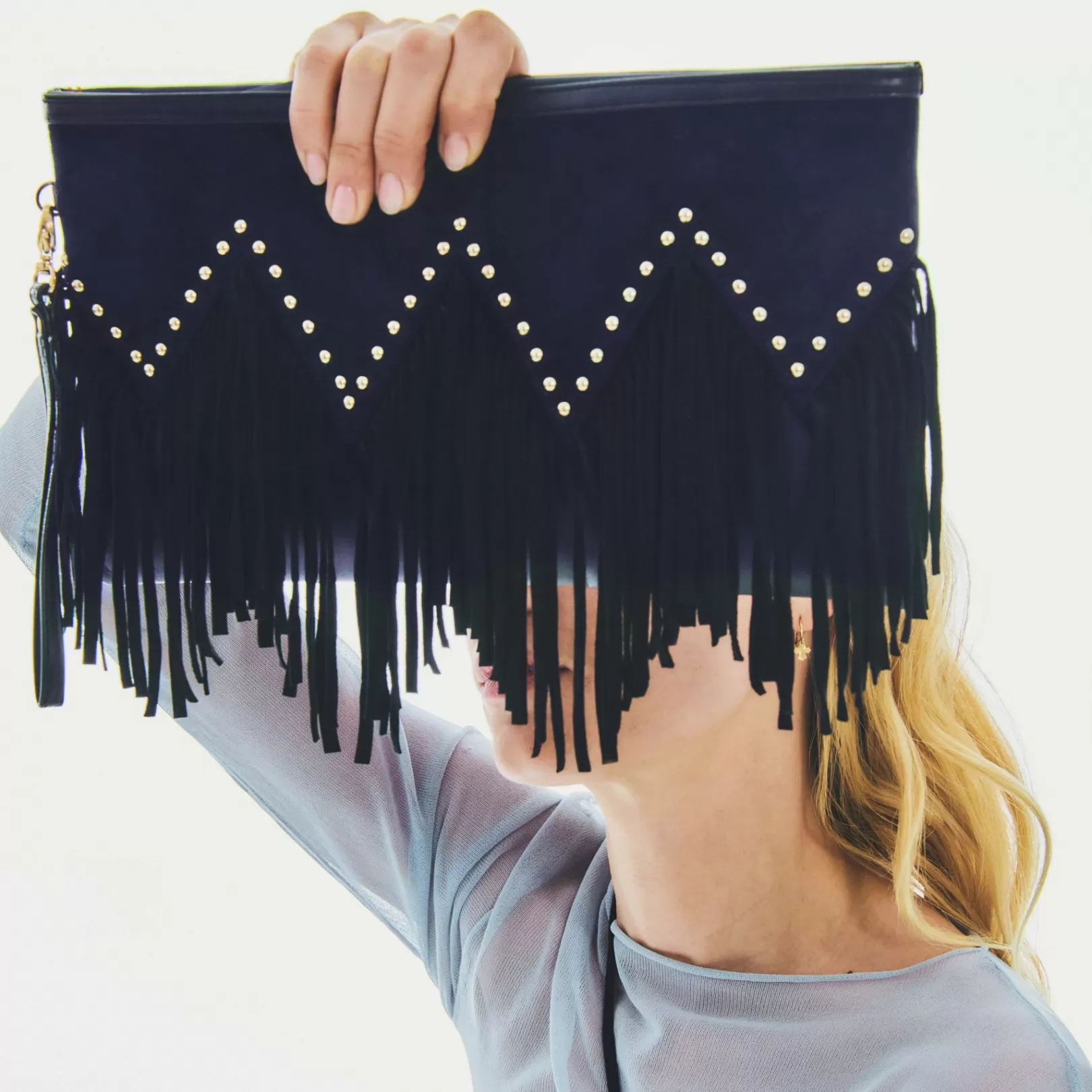 Claris Virot Bags-Lou Clutch Black And Navy Fringes Python