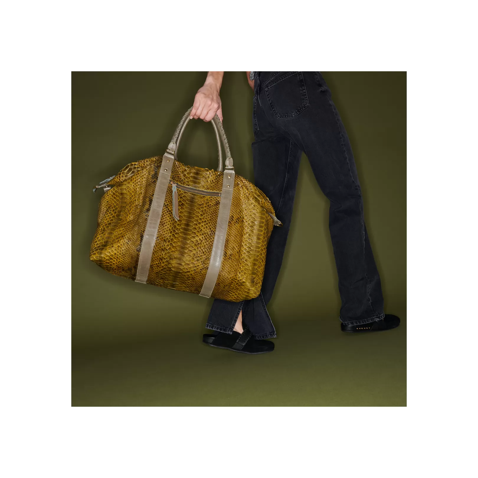 Claris Virot Bags-Roger Travel Bag M Dark Khaki Python