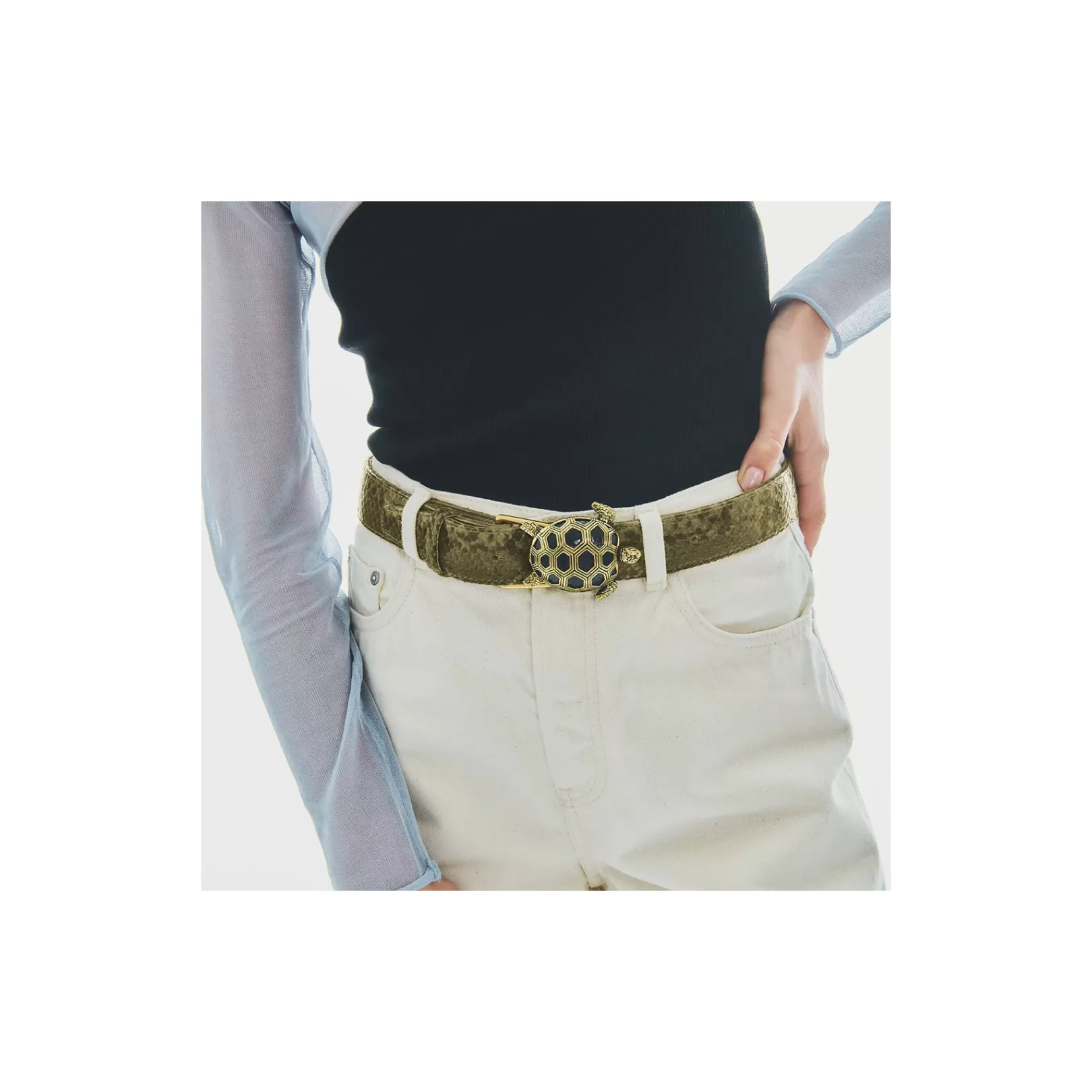 Claris Virot Turtle Belt-Turtle Belt Kaki Python Gold Buckle