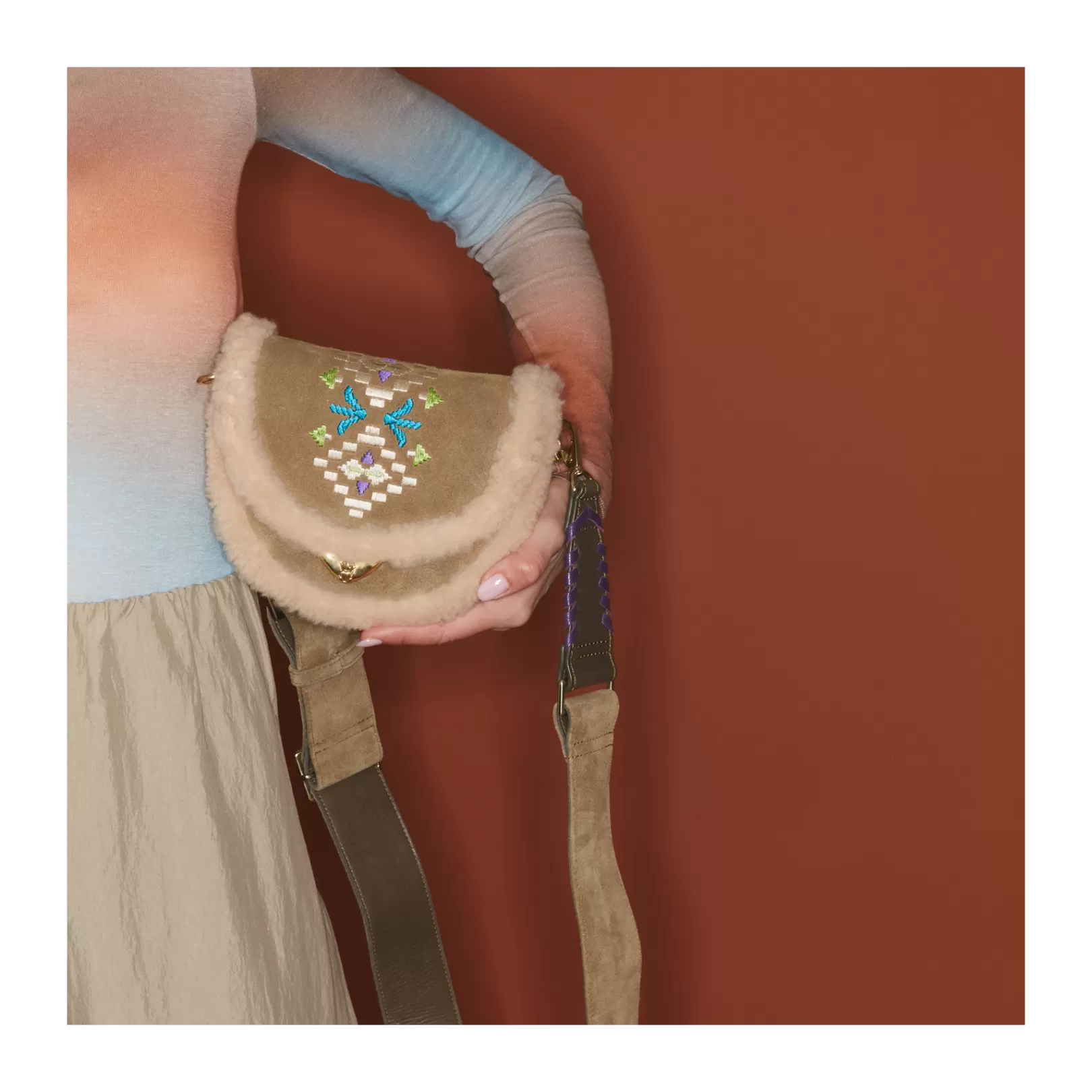 Claris Virot Bags-Victoria Bag Olive Suede Embroidered And Cream Shearling