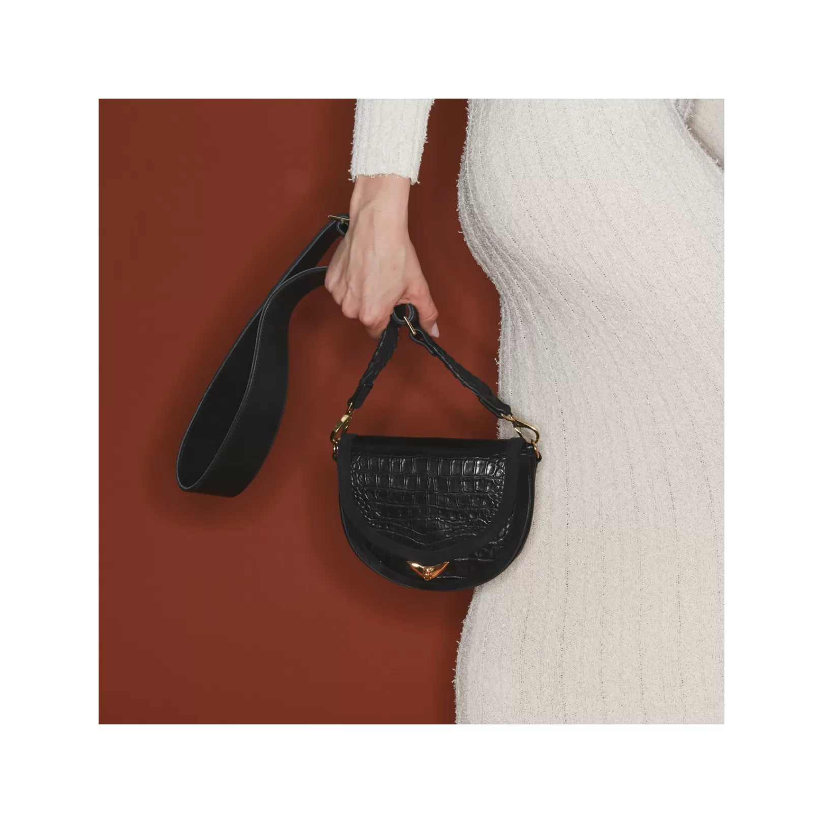 Claris Virot Bags-Victoria Bag Black Embossed Croco Leather